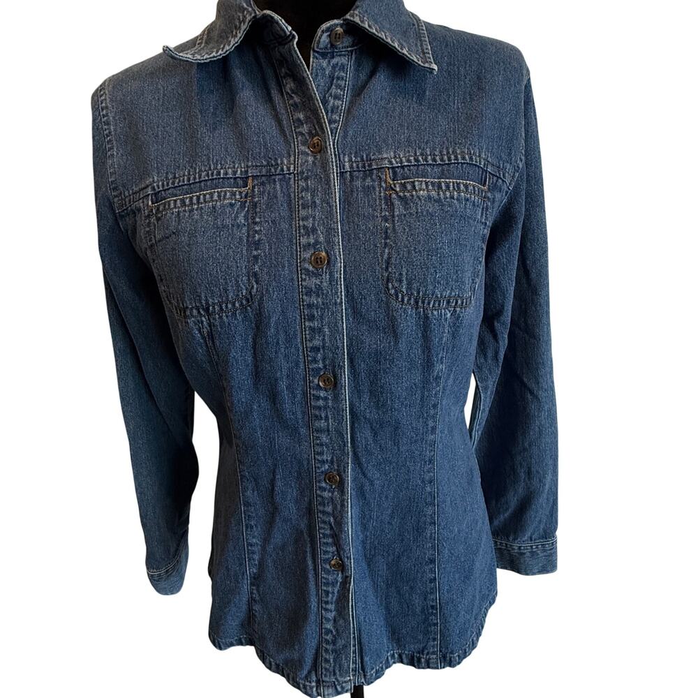 Anne Klein Denim Womens Petite 8 Blue Jean Button Front Shirt Jacket Long Sleeve